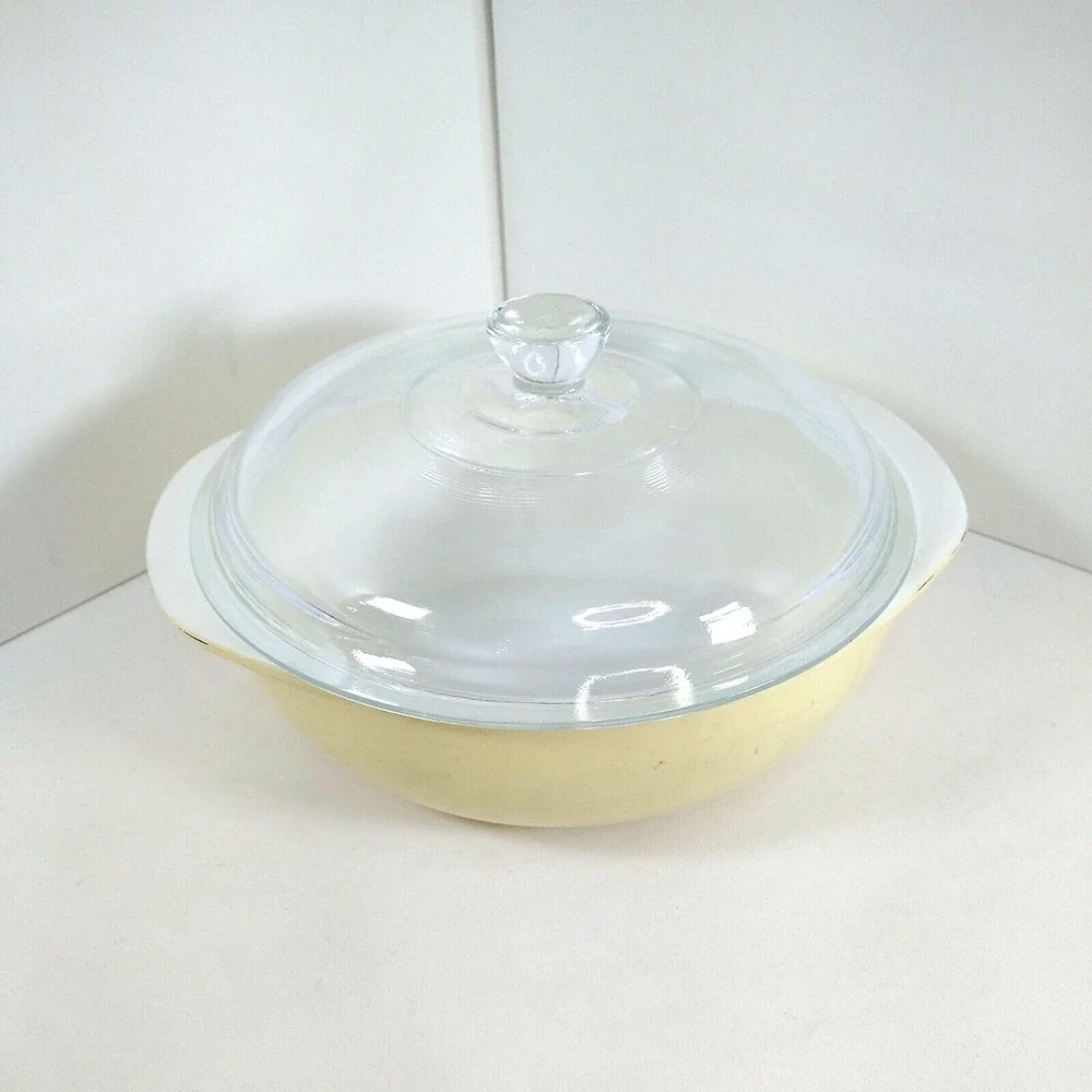 Pyrex 053 A-b B  1 1/2 Qt. Clear Glass‎ Casserole With Lid Yellow 🟡 White 🤍